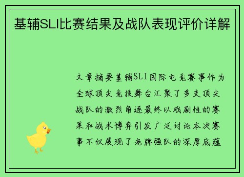 基辅SLI比赛结果及战队表现评价详解