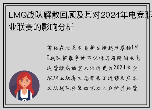 LMQ战队解散回顾及其对2024年电竞职业联赛的影响分析