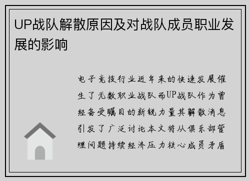 UP战队解散原因及对战队成员职业发展的影响